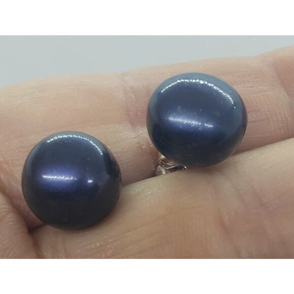 Vintage HUGE Gray Pearl Earrings Large Size Peacock Iridescent Pierced Stud - Picture 4 of 5